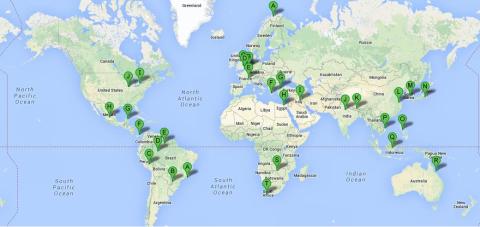 Okay, so Google Maps didn't want to cooperate with the lettering, but start in Canada, move to "A" in Norway, then follow through the alphabet.  After Africa, the lettering starts over again in South America.  You get the idea.  If you don't, you can't come with.