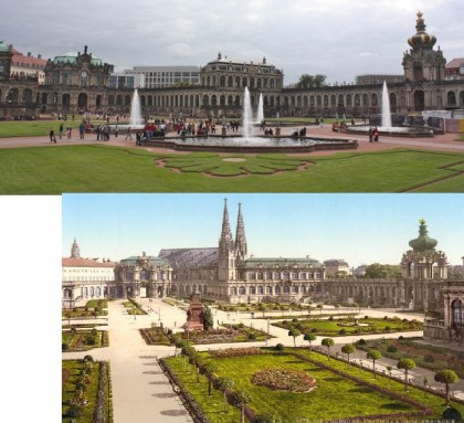 Top: Zwinger Palace today. Bottom: Zwinger Palace in the early 1900s.   Missing: Zwinger Palace in the spring of 1945, because it was gone.  